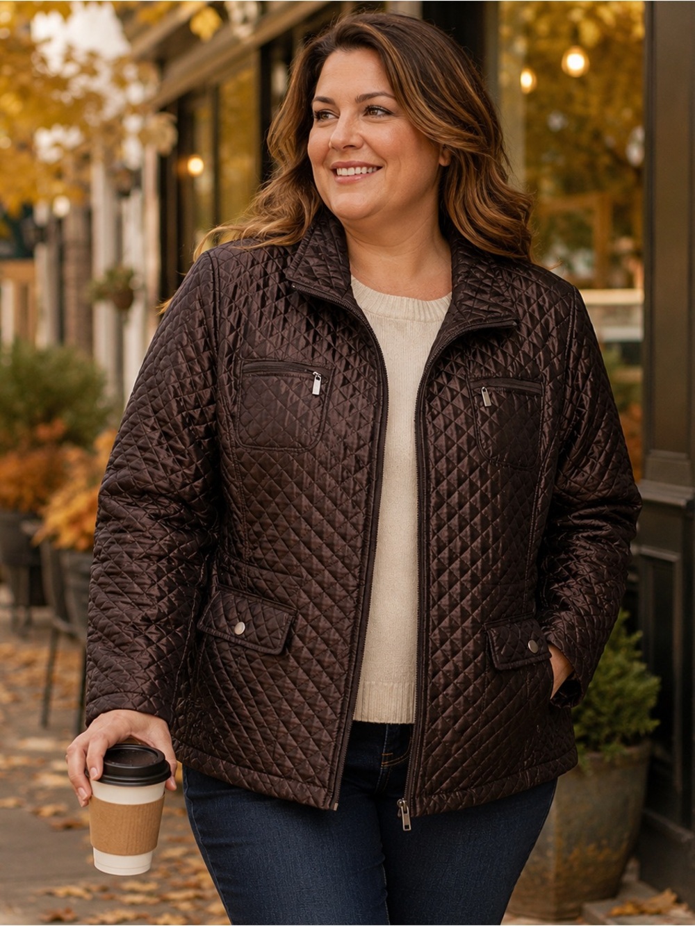 White Stag Women’s L 12/14 Brown Quilted Utility Jacket Full Zip Pockets